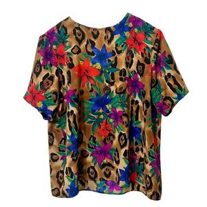 CAVIAR VTG Womens‎ Leopard Floral Print Short Sleeve Button Back Top Blouse